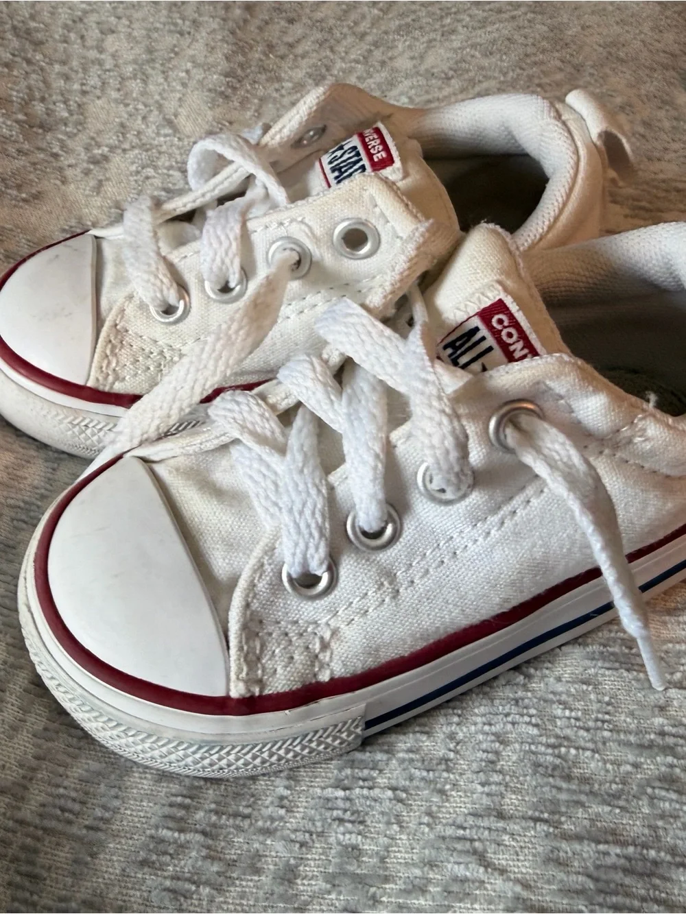 Converse Kids White Canvas Low Top Sneakers with Red & Blue Accent